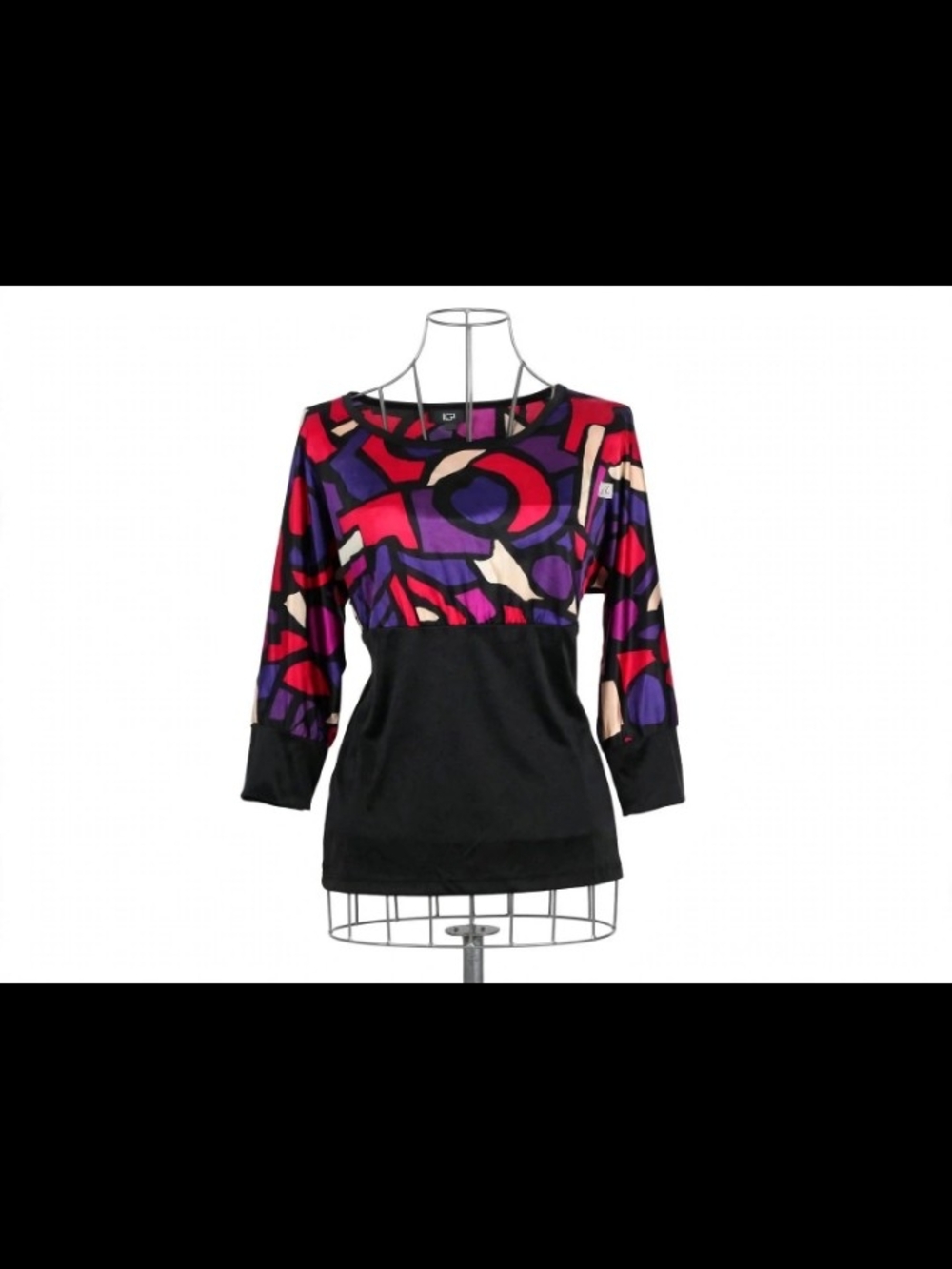 AGB Colorblock Abstract Scoop Neck Long Sleeve Top - Black, Purple & Pink